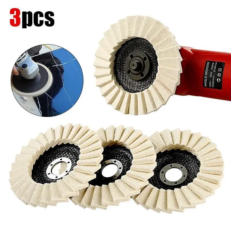 3-piece 5-inch wool polishing wheel set for angle grinders, suitable for high-gloss mirror polishing on metal, glass, ceramics, and stone, durable and efficiently designed