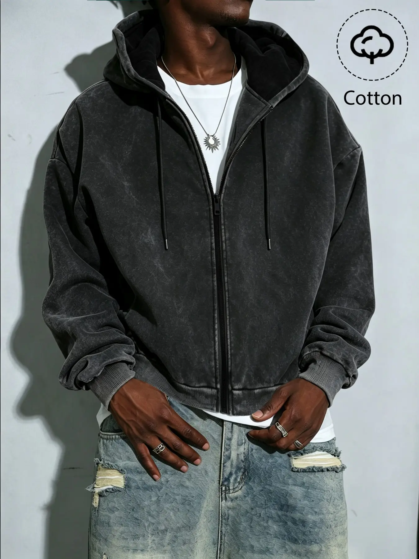 Men's Trendy Cotton Zipper Hoodie Sweatshirts, Distressed Fabric, Daily Casual Wear, Street Fashion Choice, Perfect for Fall Winter, Comfortable