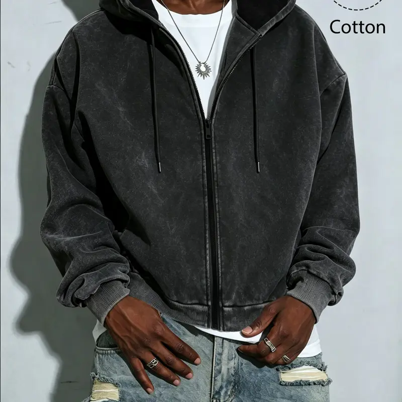Men's Comfortable Cotton Zipper Hoodie, Distressed Daily Casual Wear for Fall & Winter, Sweatshirts