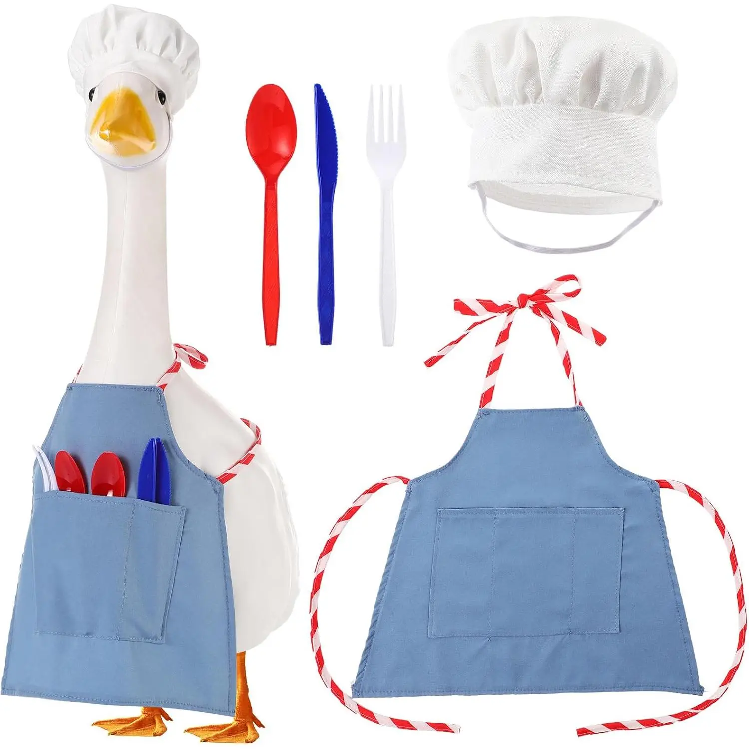 Mothers Day Goose Outfit for 23" Lawn Porch Goose Statue Apron Chef Hat and Cutlery for Garden Patio Statue Art Decoration