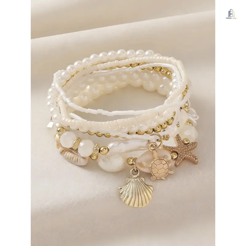 Boho Layered Bracelet Set for Women, Handmade Coastal Jewelry with Glass Beads, Faux Pearls, Shell & Starfish Charms, Female, Plain