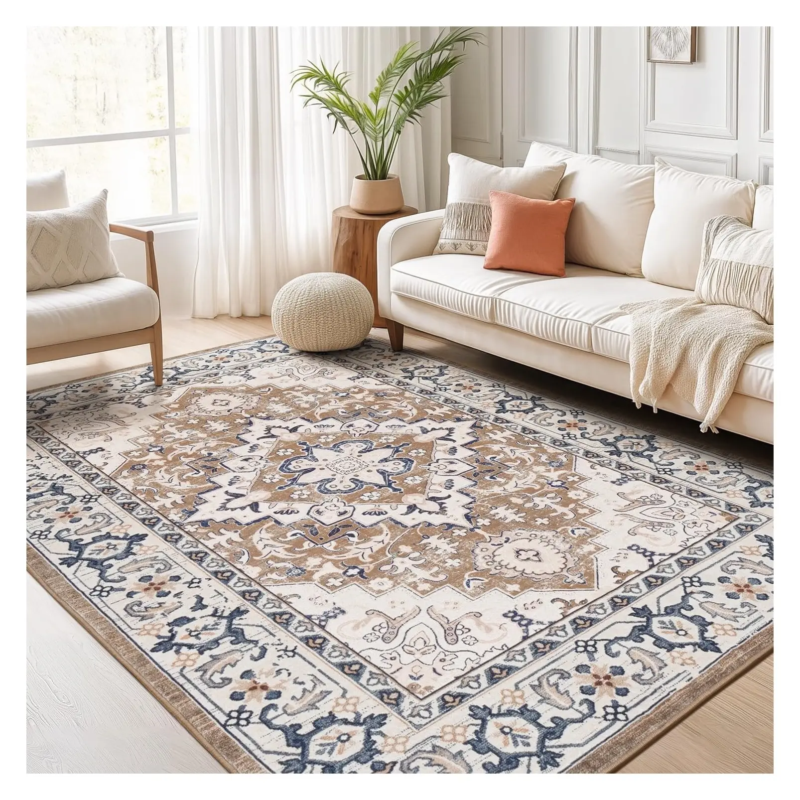 5x7 Area Rug - Soft Boho Floral Brown Carpet, Non-Slip Low Pile, Stain & Water Repellent, Skin-Friendly, High-Power Vacuuming, for Living Room Bedroom Kitchen Entryway OfficeGift