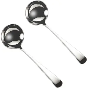 Small Soup Ladles,Sauce Gravy Soup Spoon Ladles,2 Pack SUS 304 Non-magnetic Stainless Steel 7.6" Round (Color:Silver).
