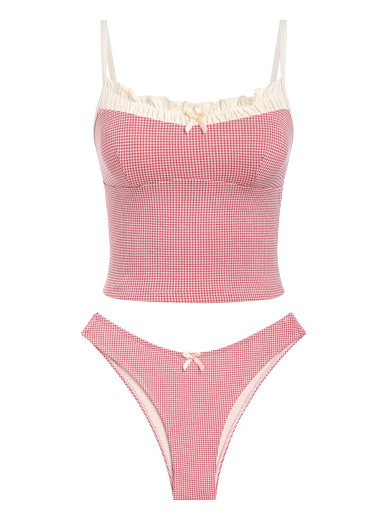 Cute Gingham Ruffle Cami Tankini Set 🎀 Coquette Aesthetic Two Piece Swimsuit with Bow Details | Retro Plaid Bathing Suit for Women | Summer 2026 Beachwear Vacation Outfit Summer Vacation Aesthetic High Cut