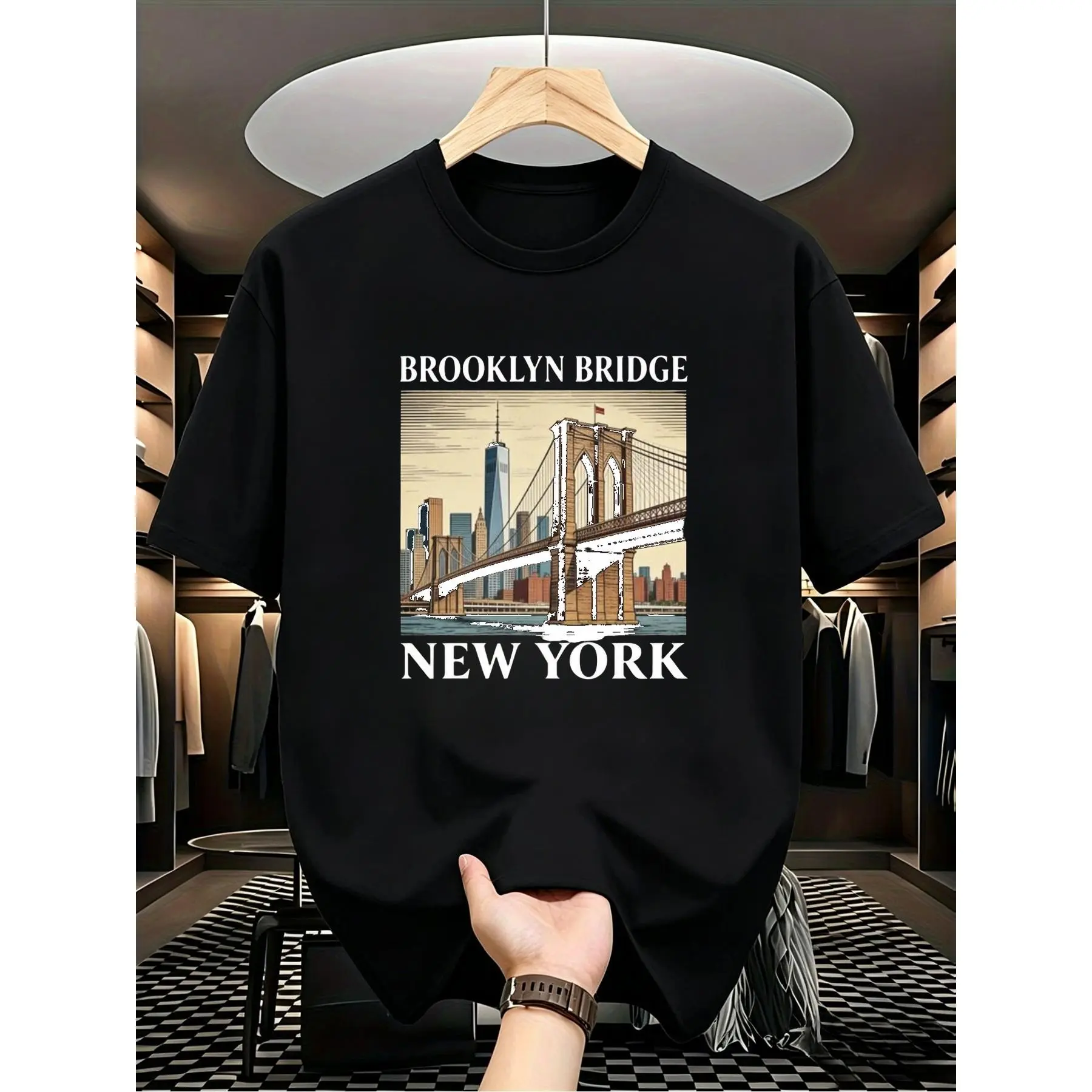 Designed for TeenagersMen's Short Sleeve Crew Neck TShirt Black Brooklyn Bridge New York City Graphic Print Casual Top Multiple Sizes Available Comfortable Casual Attire for Outdoor Activities Daily Casua01, for Teenager