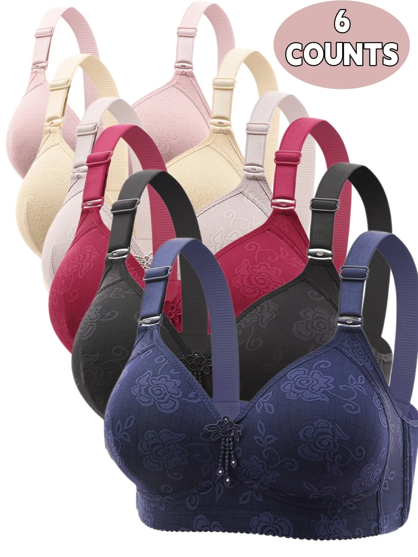 6-Pack Wireless Push-Up Bras, Everyday, Adjustable, Seamless Comfort Fit, Breathable Soft Fabric, All-Season Wear, Full Coverage, Plain Design