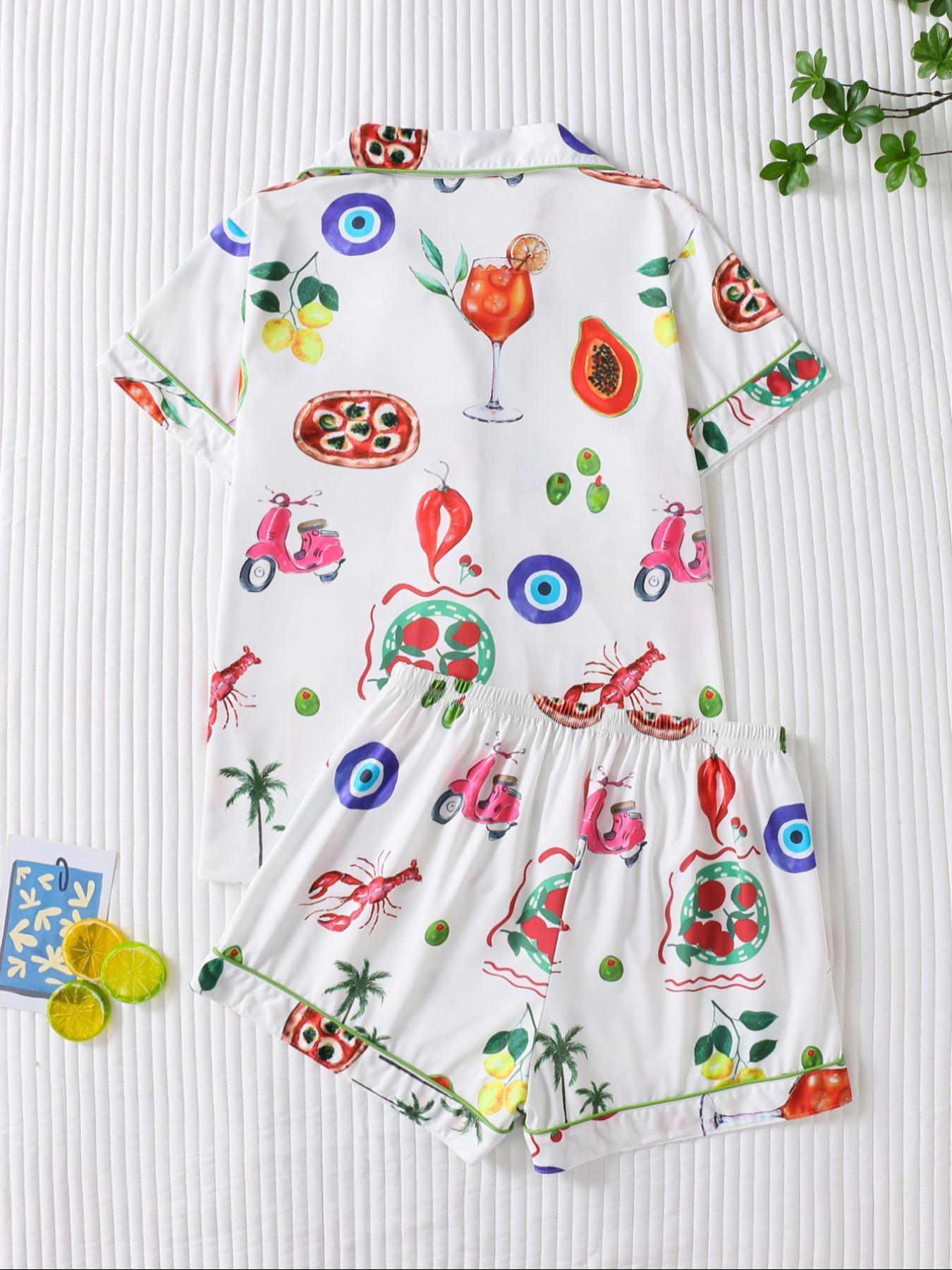 Women's Fruit Print Shirt & Elastic Waist Shorts Pyjama Two-piece Set, Casual Comfy Short Sleeve Top & Shorts PJ Set, Matching PJ Set, Ladies Sleepwear for All Seasons