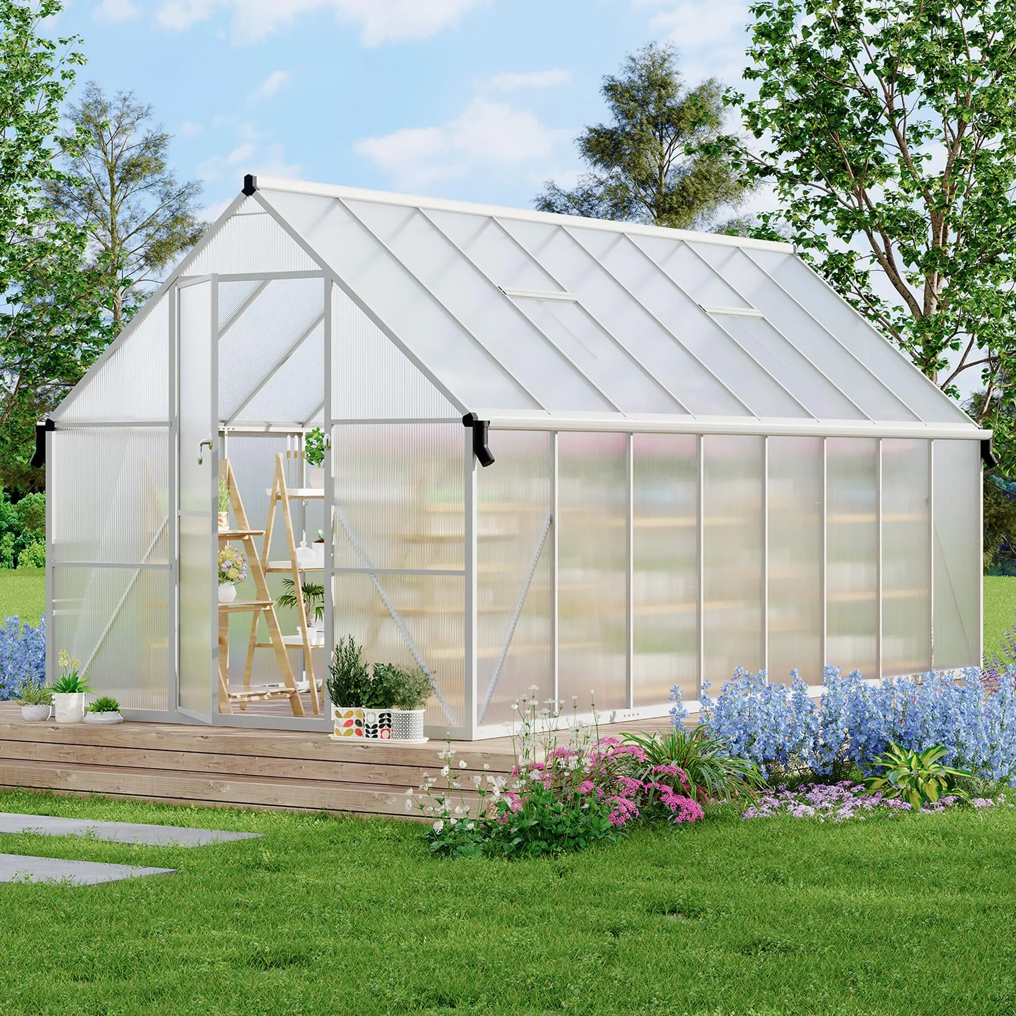 8X16FT Greenhouse with Aluminum Frame, Polycarbonate Greenhouse, Greenhouses with Rain Gutter and Ventilation, Aluminum Large Walk-in Greenhouses for Outdoors, Outside, Silver/Green(2 Boxes)
