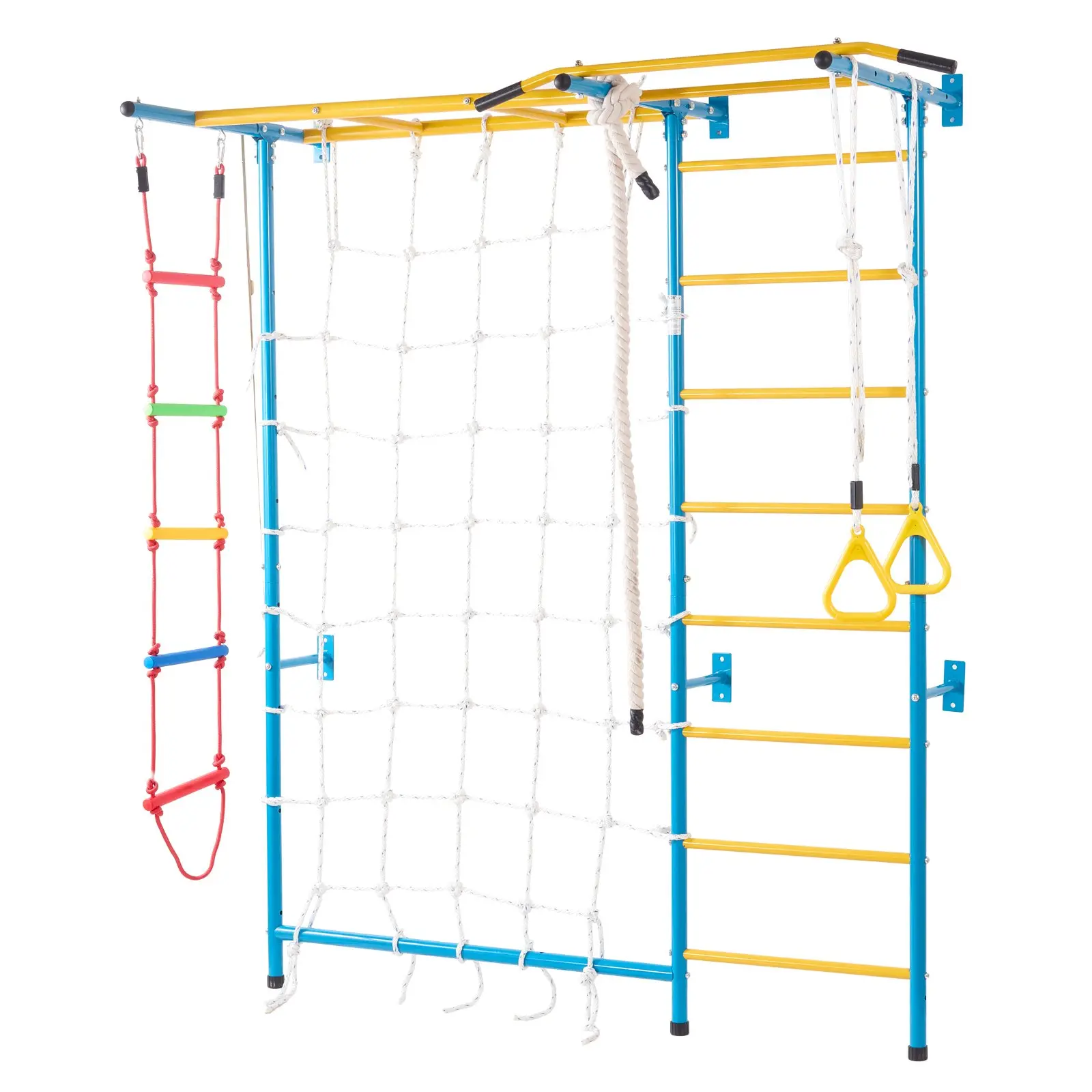 Indoor Jungle Gym for Toddlers, 7-in-1 Climbing Playset with Carbon Steel Swedish Ladder, Wall Ladder, Pull-Up Bar, Rope Ladder, and Gymnastic Rings, Supports 220 lbs, Multicolor