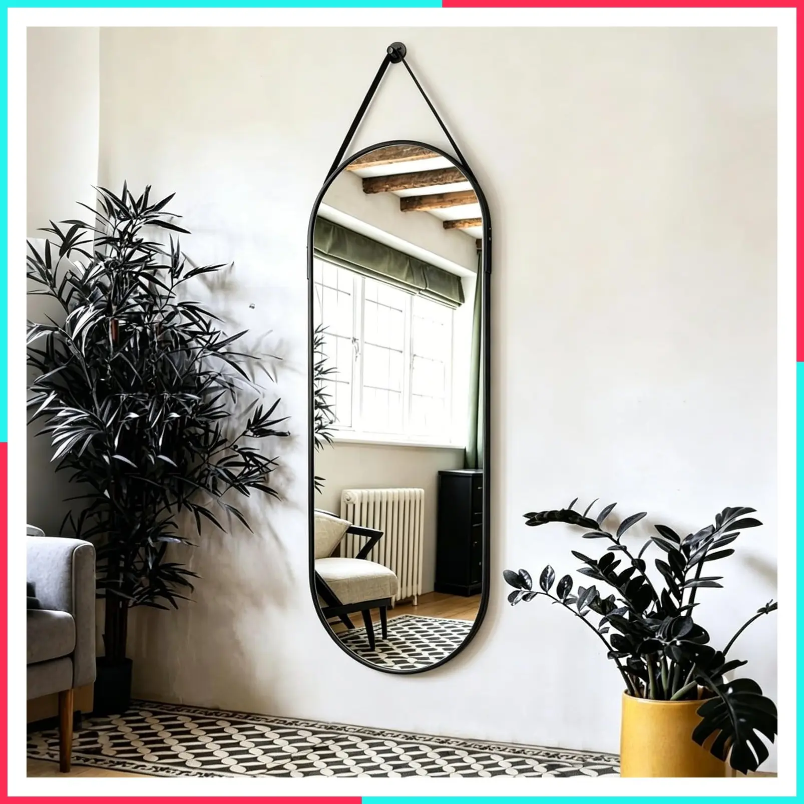 48" x 16" Oval Black Full Length Wall Mounted Hanging Mirror