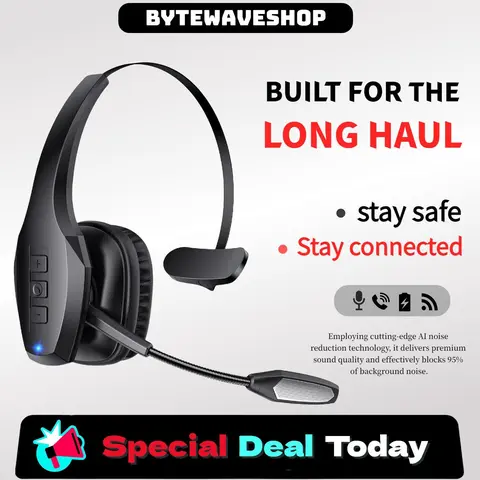 Bytewaveshop High-Quality Over-Ear Trucker Wireless Bluetooth Headphones - Adjustable, 95% Noise Reduced ENC Dual Mic, Mute Button, 55h Music Play, 270° Rotatable Design, Stable Connection, Charging, Multi-Device Compatibility for Truck Drivers