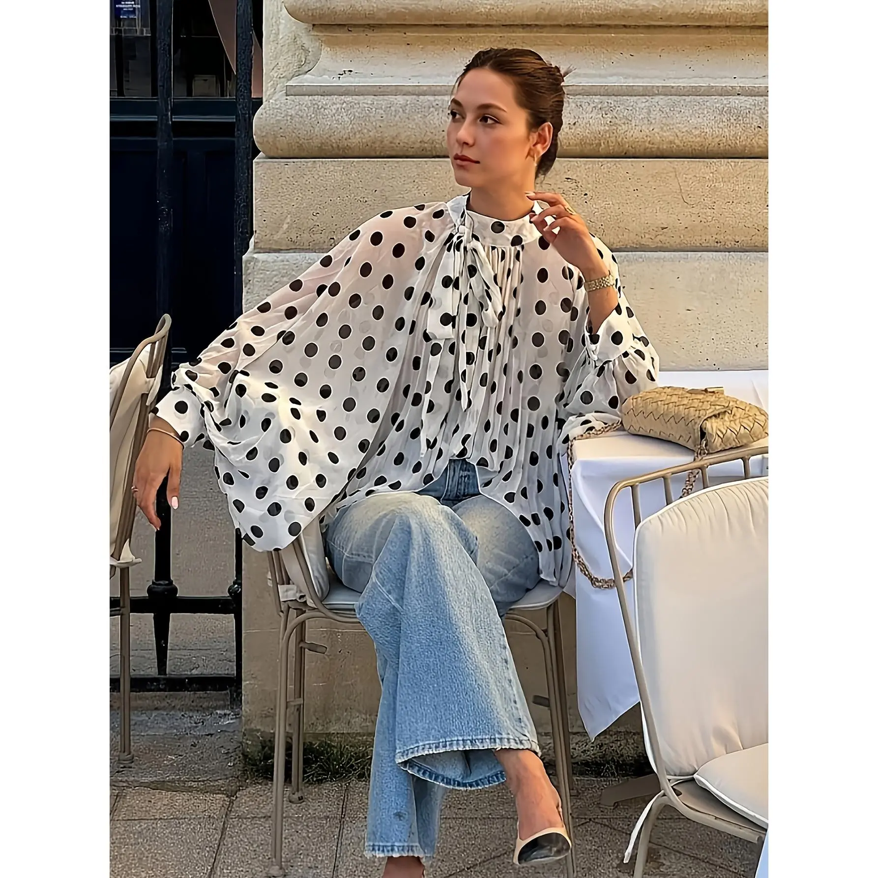 Women's Chic Woven Fabric Blouse - Spring/Summer Fashionable Semi-Sheer Polka Dot Tops, Bow Tie Collar, Lantern Sleeves, Loose Fit Elegant Casual Shirt, Blouses