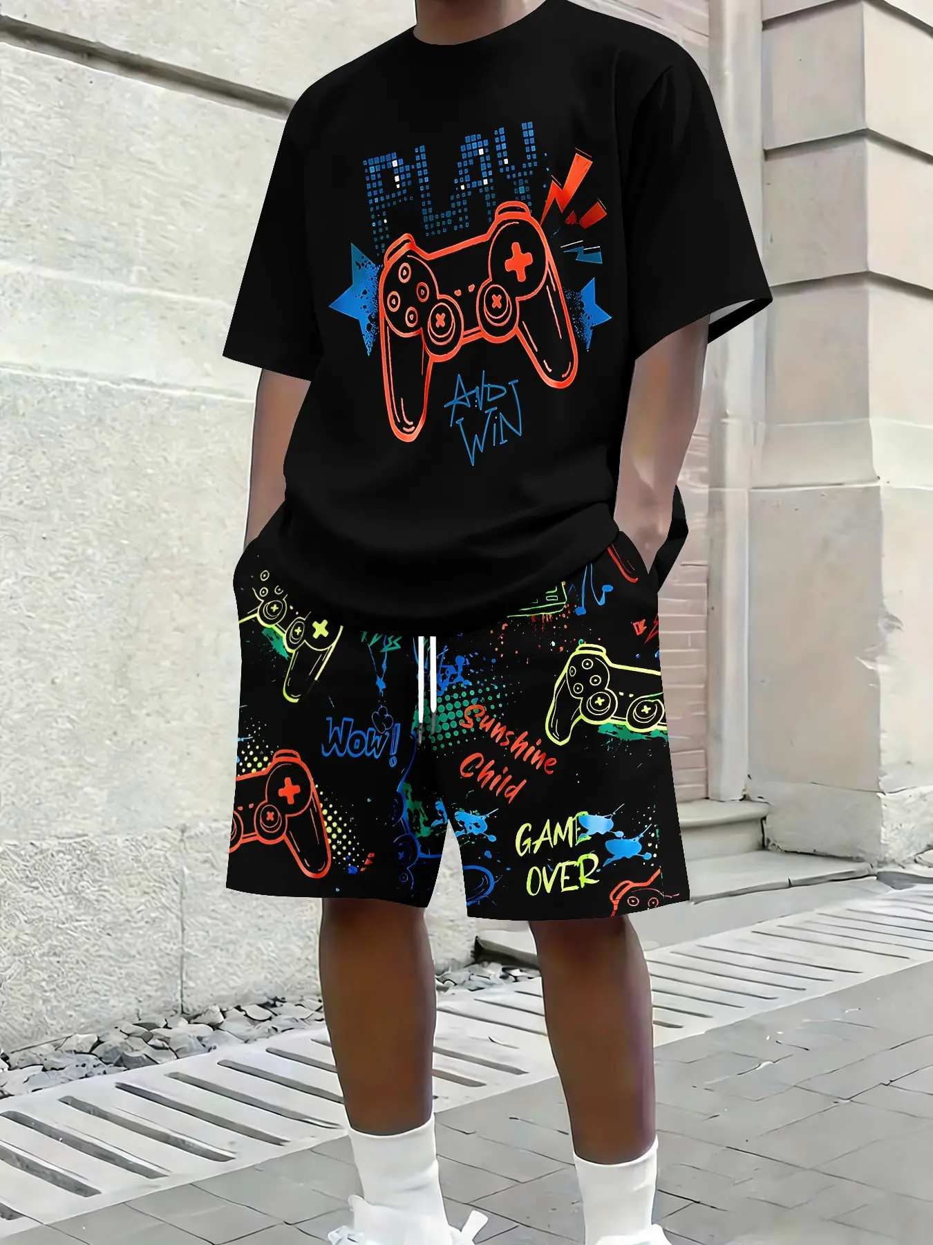 Vibrant Arcade-Style Short-Sleeved Top and Shorts Set for Men – Summer Gaming Controller Print Two-Piece Set – Trendy