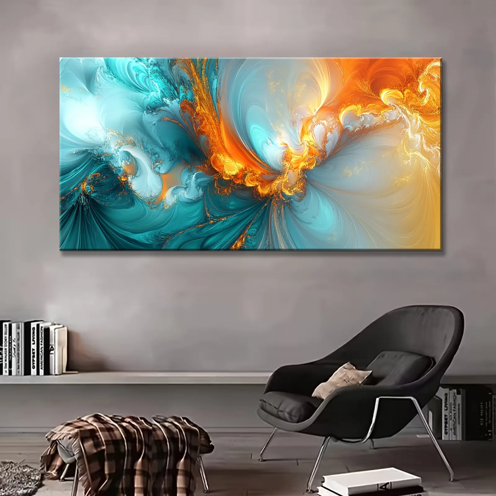 Turquoise and Gold Abstract Fluid-Tone Canvas Wall Art – Horizontal Teal and Gold Design with Wood Frame; Modern Metallic Turquoise & Gold Decor for Living Room, Office, or Bedroom; Framed Canvas, Ready to Hang.