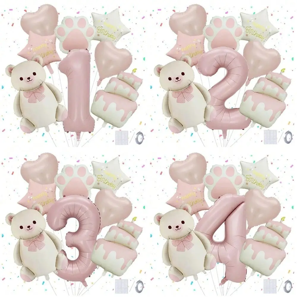 Teddy Bear Birthday Balloon Set, Soft Fog Cute Style, Includes Bear Paw Heart Cake Shape Aluminum Foil Balloons, Baby First Birthday Party Balloon Decoration