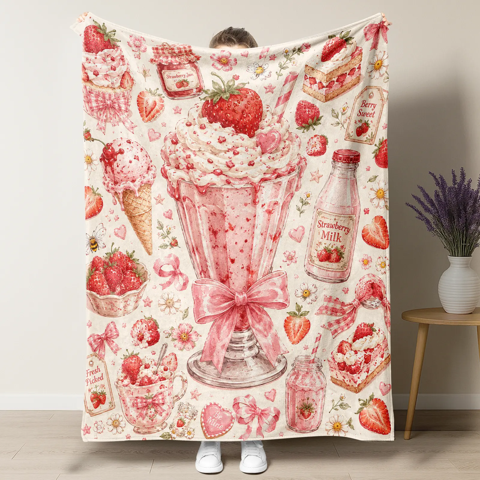 Pink Strawberry Blanket Coquette Aesthetic - Cute Strawberry Milkshake & Bows Soft Throw, Berry Sweet Cottagecore Decor, Plush Fleece Birthday Gift for Girls Teens Women