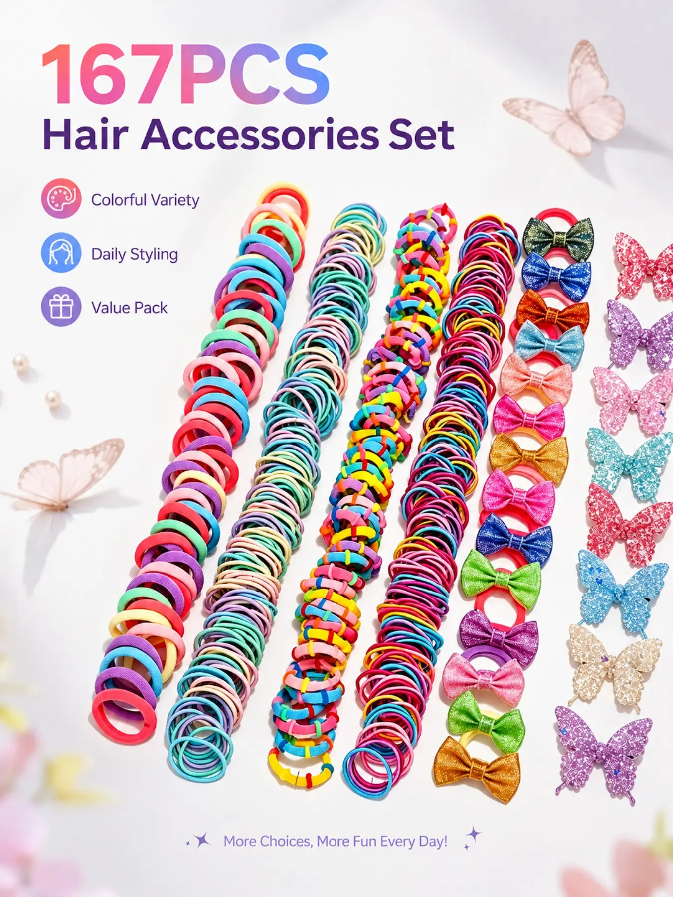 167-Piece Hair Accessory Set, Multicolor Elastic Bands, Bow Clips, Butterfly Hairpins, Ponytail Holders, Essential for Daily Styling