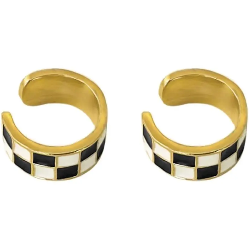 Women's Geometric Checker Cuff Wrap Magnet Earrings - Non-Pierced Black-White Enamel Fake Hoops, Hypoallergenic Fashion Jewelry Gift for Women, Cartilage Safe
