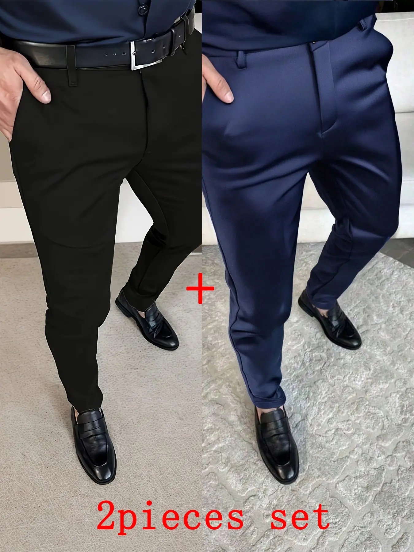 Men's Two-Piece Business Trouser Pants Set, Casual Loose-Fit Breathable Office Wear, Solid Color Plain Natural Waist Long Regular Bottoms, No Belt Included