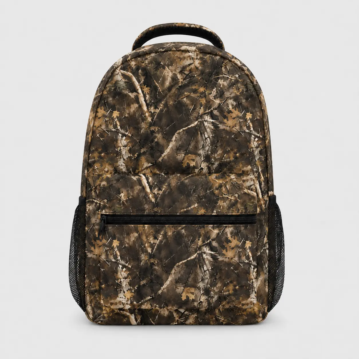 Woodland Camouflage Backpack, Forest Leaf and Branch Print Daypack with Front Zipper Pocket, Dual Mesh Side Pockets, Top Handle and Adjustable Shoulder Straps for School, Work, Travel and Outdoor Days