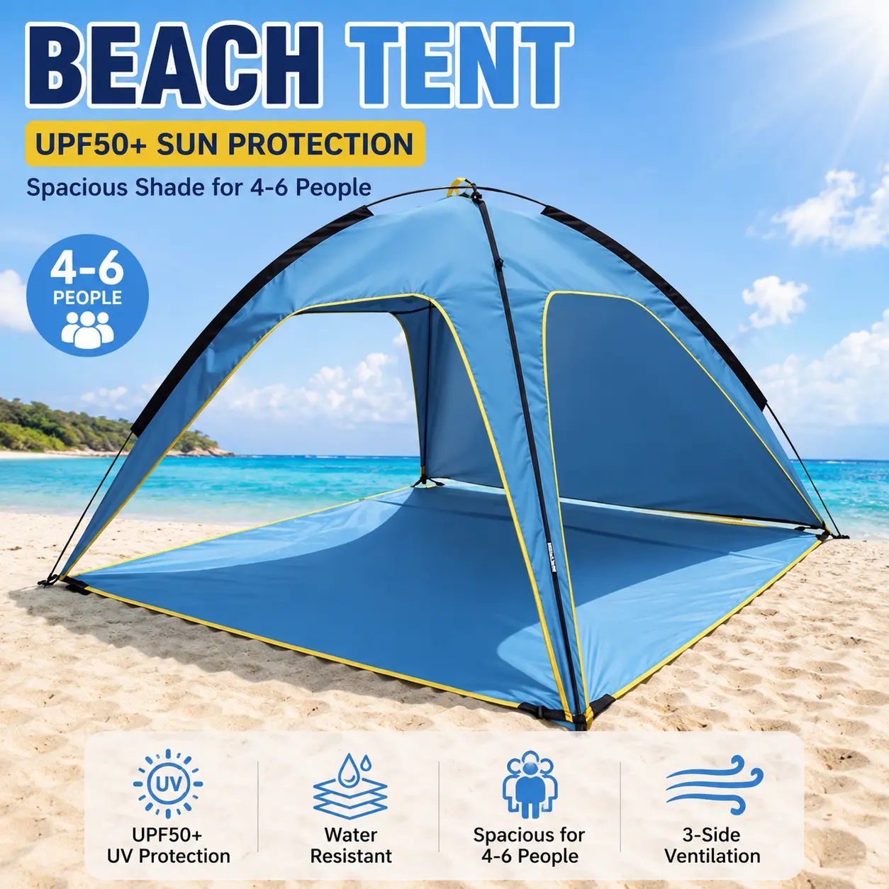 4-6 Person Waterproof Outdoor Beach Canopy Tent, UPF50+ Shelter with 3 Openings & Carry Bag, Easy Setup for Picnic Camping Hiking-5393