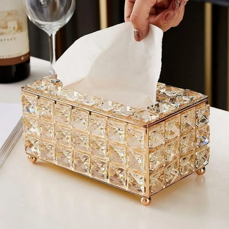 Crystal Paper Box, Rectangular Tissue Box Luxury Napkin Holder Gold Napkin Container Modern Bathroom Accessory Decorative Tissue Box Cover Bathroom Organizer Accessories for Dining Room Living Room Bathroom