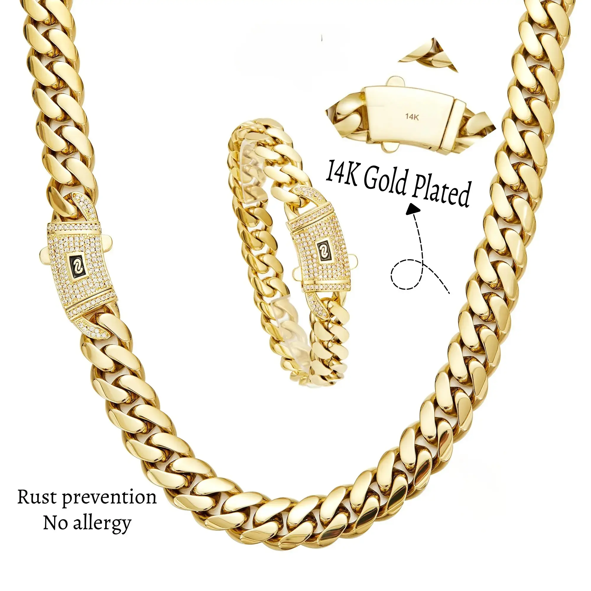 [Set] 14K Real Gold-Plated Cuban Necklace & Bracelet with Miami Link Chain Stainless Steel Thick Anti-Friction Chain and Diamond Clasp for Men and Women 6/8/10/12/14MM Colorfast Waterproof Thickened Hip Hop Jewelry Black Friday