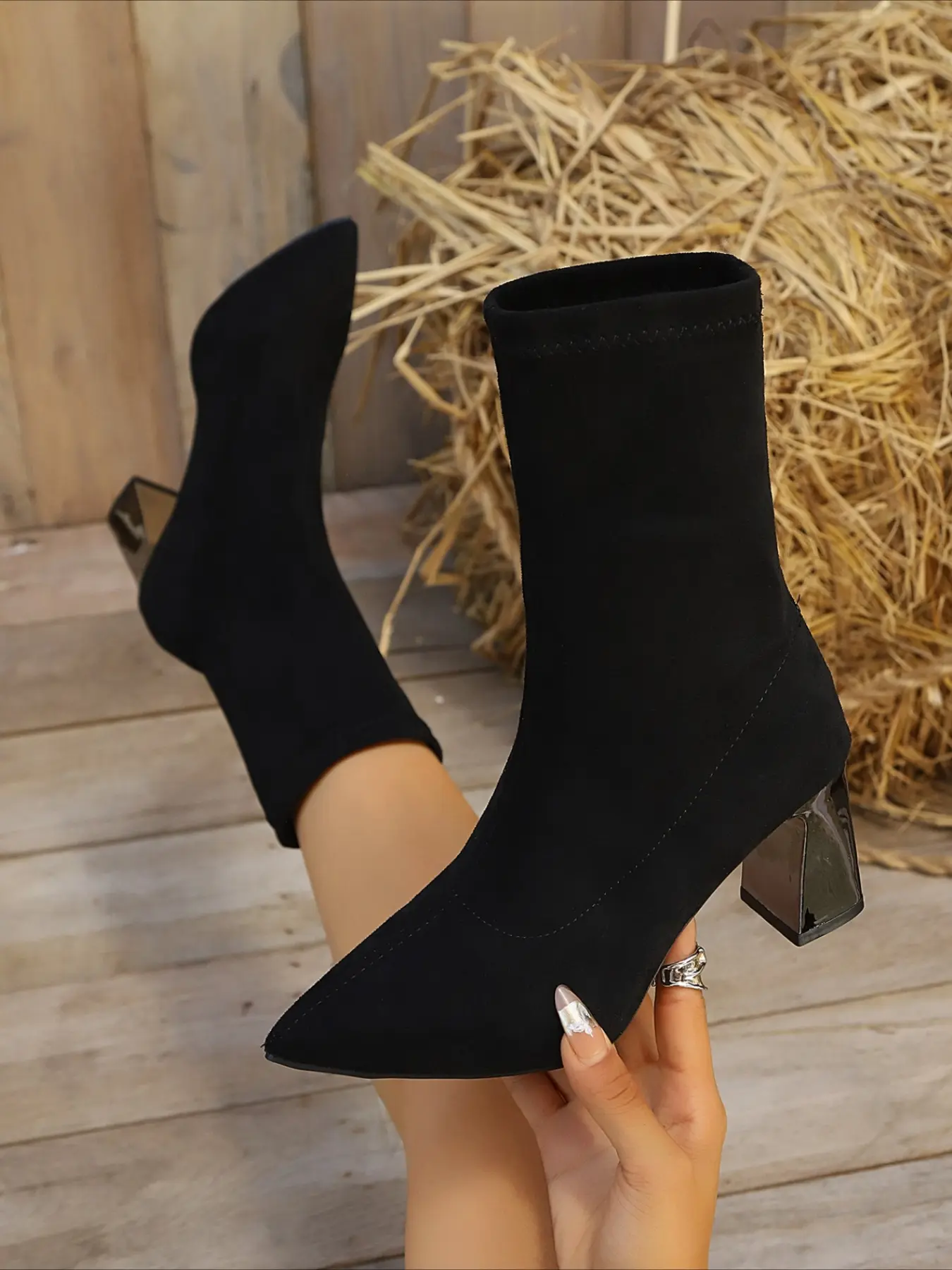 Pointed toe block heel stretch ankle booties, pull-on slim fitted sock boots, elegant women boots ideal for autumn and daily fashion matching.