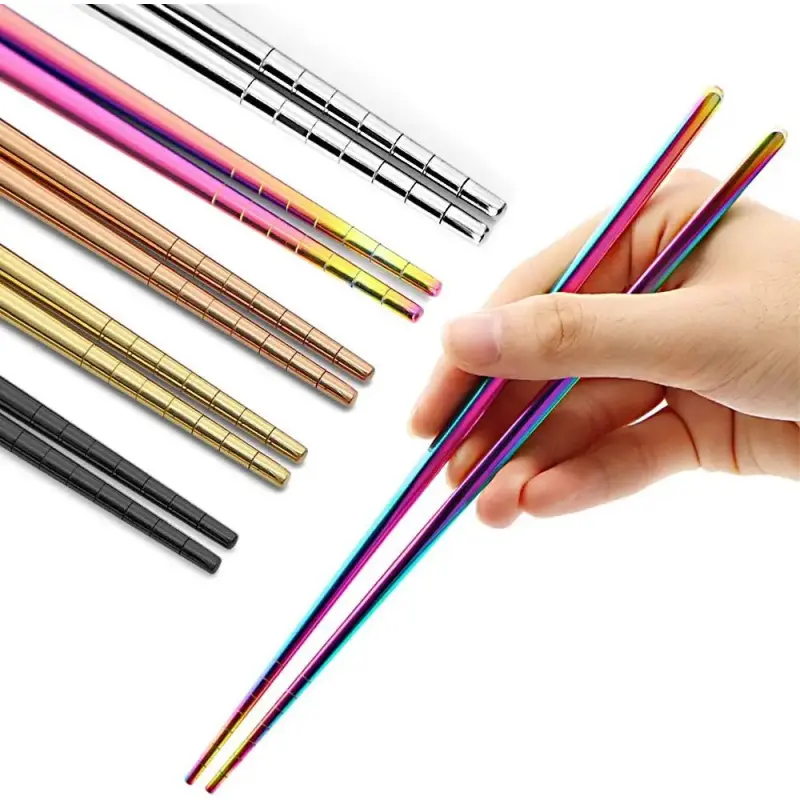 5-Pair Reusable Stainless Steel Metal Chopsticks, 8.9in Square Lightweight Cutlery with 13-Ring Non-Slip Pattern, Dishwasher-Safe Tableware