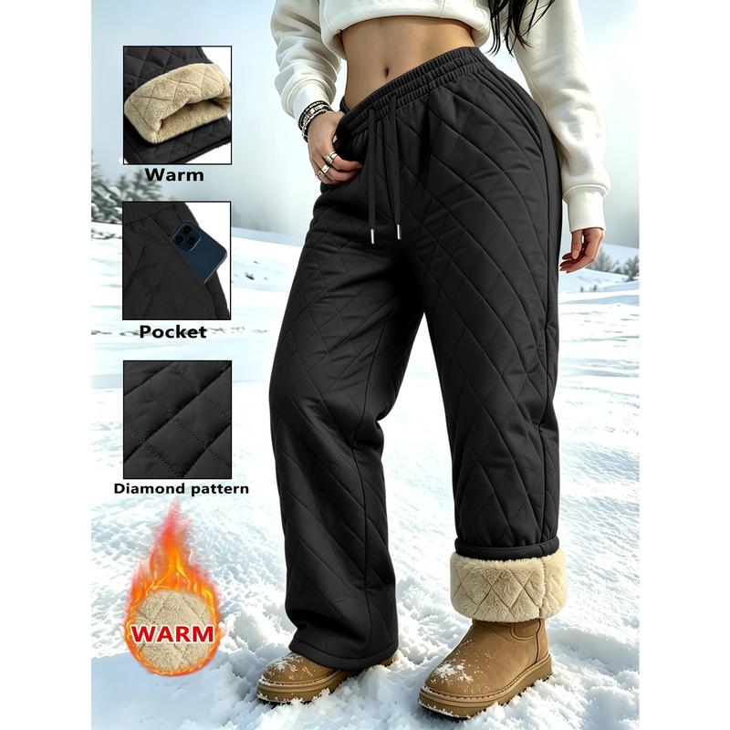 Men's Quilted Wide Leg Winter Bottoms, Soft Warm Fleece-Lined Pants, Diamond Stitch, Elastic Drawstring Waist, Lightweight Non-Bulky, for Snow, Daily Casual Use, Bottom