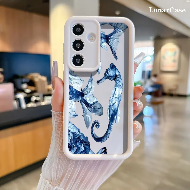 Seahorse Print Silicone Phone Case - Stylish Stepped Grooves Design, Anti-Drop, Anti-Scratch, Thin Fit Shell for Galaxy S26 S25 S24 S23 S22 S21 FE Plus Ultra A13 A14 A15 A16 A17 A33 A34 A35 A36 A52 A53 A54 Note20, Multi-Model