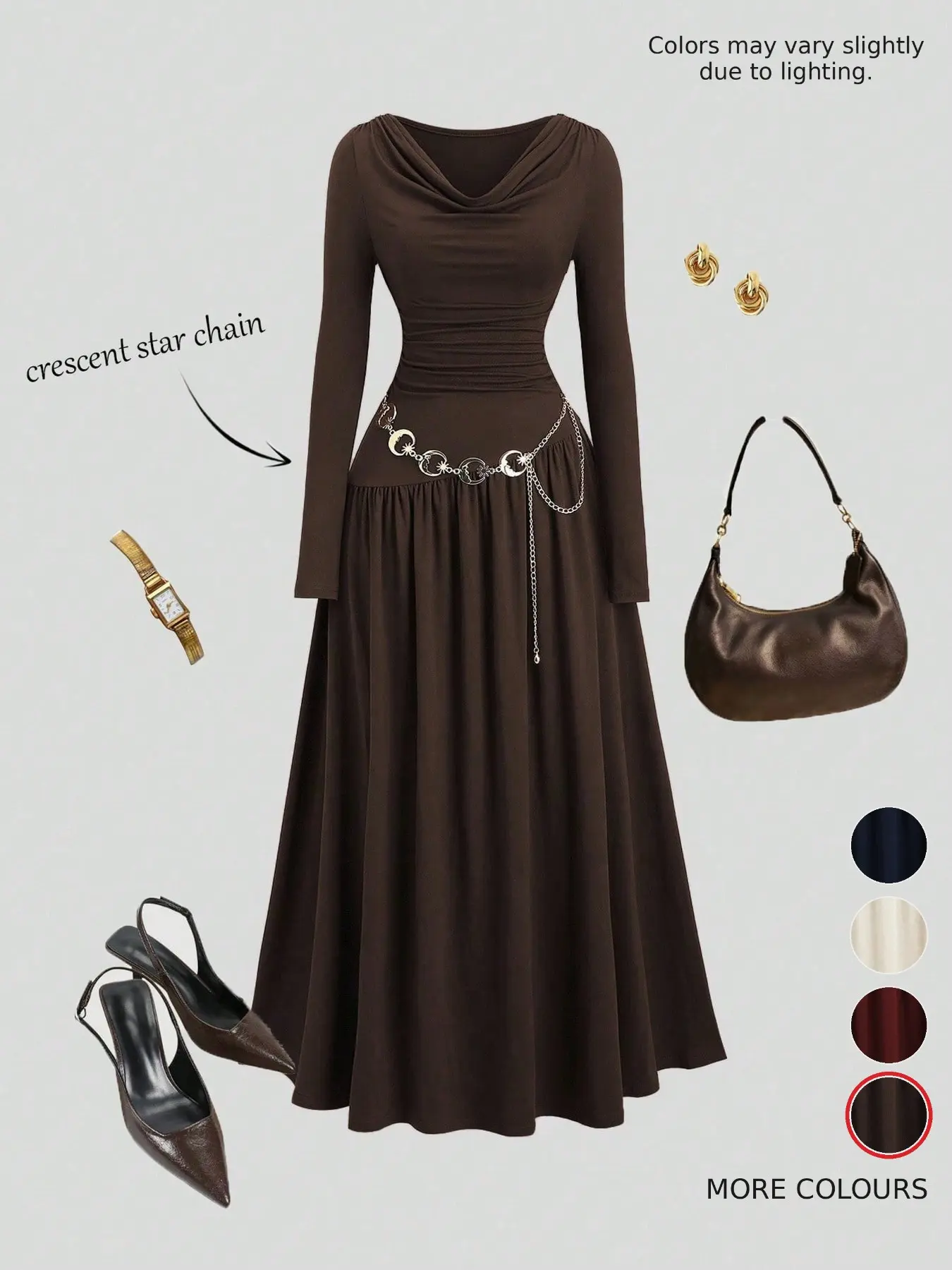 Women's Elegant Fall Winter Dress, Long Sleeve Midi Dress with Flounce Waist, A-Line Evening Gown, Plain Style, All Seasons
