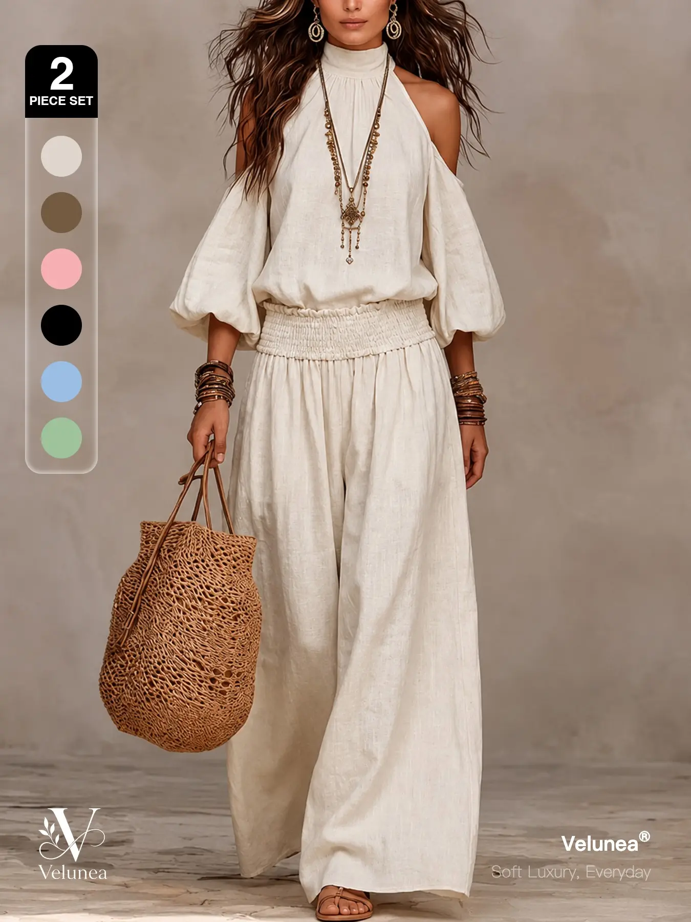 | 2-Piece Set | Velunea Women’s Halter Neck Set, Sleeveless Blouse Top and Wide Leg Pants Matching Outfit, Elegant Resort Wear for Vacation and Everyday Chic