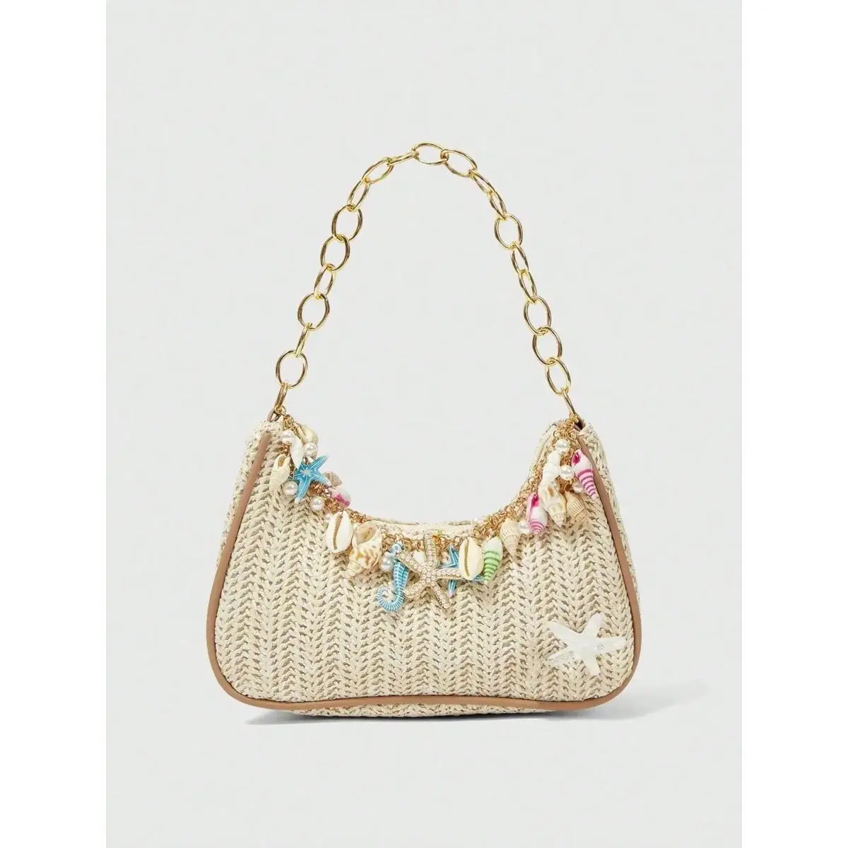 Women's Woven Boho Bag - Elegant Chain Net Crossbody & Shoulder Bag, Seashell & Pearl Decor, Fashion Accessory for Beach Trips Summer Outfits, Elegant Chain Bag