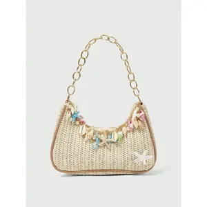 Women's Woven Boho Bag - Elegant Chain Net Crossbody & Shoulder Bag, Seashell & Pearl Decor, Fashion Accessory for Beach Trips Summer Outfits, Elegant Chain Bag