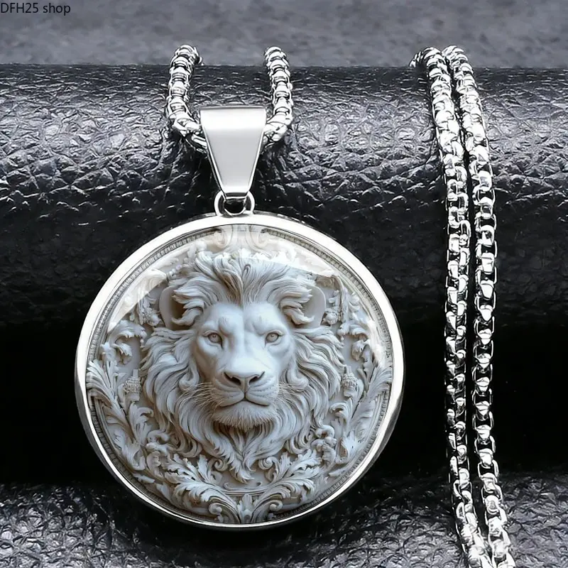 Lion Head Pendant Necklace for Men, Stainless Steel Chain With Vintage Lion Relief Artwork Design, Durable Rust Resistant Jewelry Accessory for Daily Wear, Casual Outfits and Stylish Street Fashion