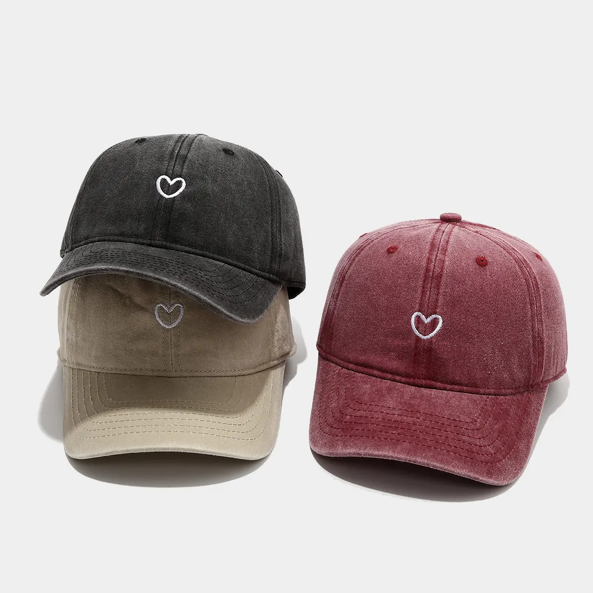 Washed Cotton Dad Hat with Heart Embroidery, Vintage Distressed Adjustable Visor Hat for Female Everyday Wear, Baseball Cap, Heart Embroidered, 5# Heart Gray