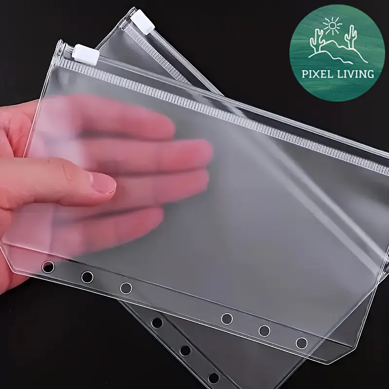 PixelLiving 22 PCS [10 Pieces A5/A6 Six Hole Transparent Binder Pocket Zipper Pocket + 12 Pieces Transparent Loose-leaf Ring] Cash Storage, Zipper Pocket, Stationery Storage, Pencil Case, Stationery Supplies, School Supplies, Budget Holder Accessories