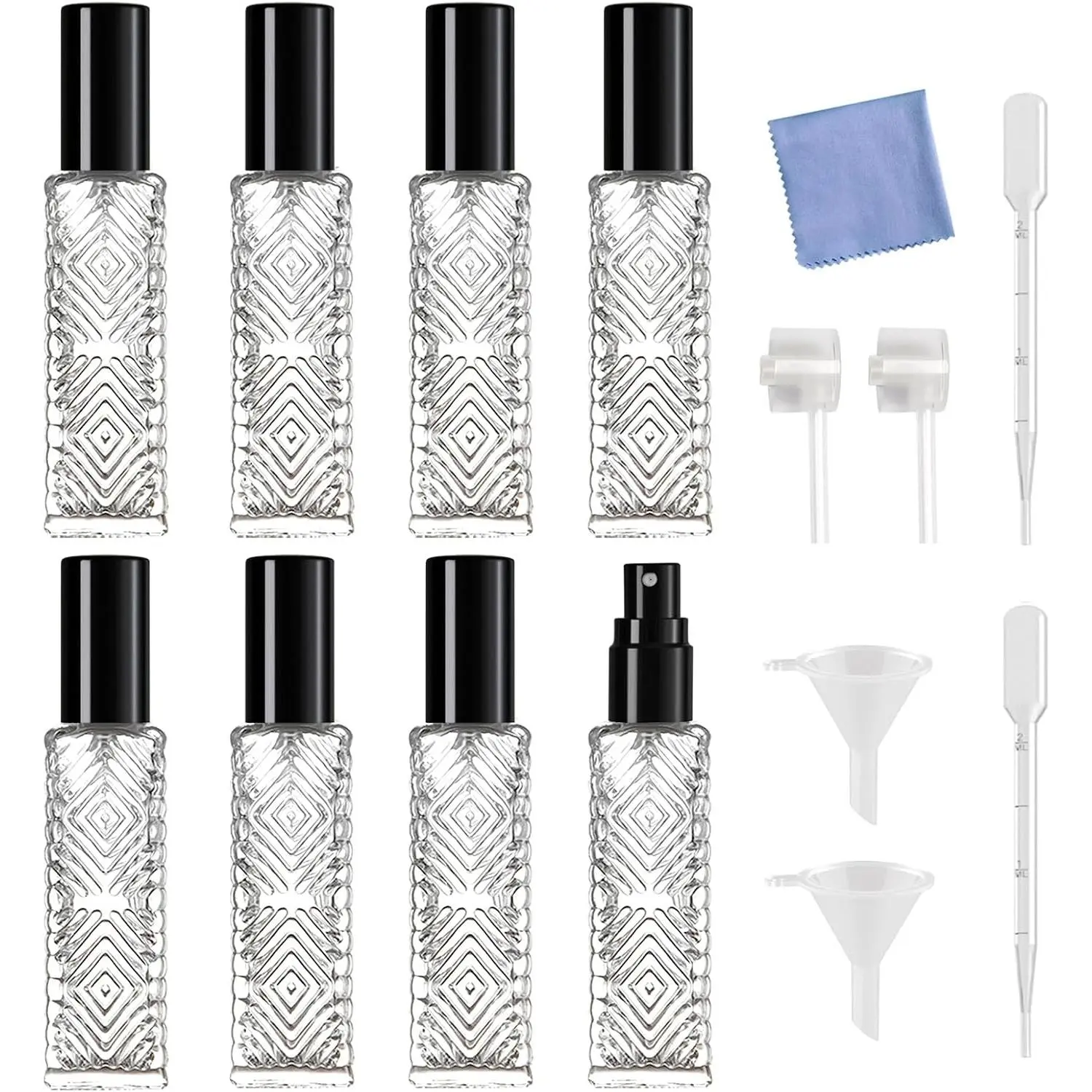 8- Mini Atomizer Set, Refillable Square Glass Bottles, Travel Essential Oil & Perfume  Bottles, with Dispenser (15ML/Black)