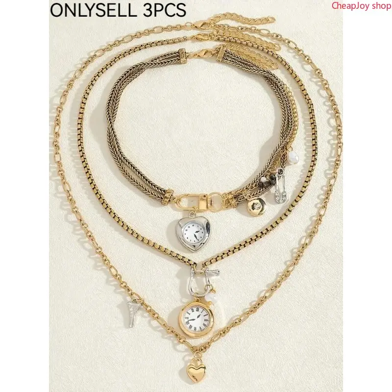 2026 3-Piece Vintage Heart Clock Pendant Necklace Set, Heart Shaped Necklace, Elegant Chain Design, Bling Chain, Fashionable Lightweight Luxury Jewelry, Costume Jewelry Necklace, Perfect for Daily Wear and Gifts