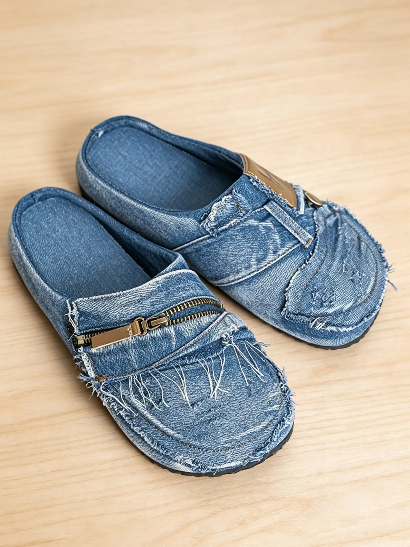 Men Vintage Frayed Denim Mule Slippers Distressed Ripped Design Zipper Detail Flat Comfort Walking Slides Footwear