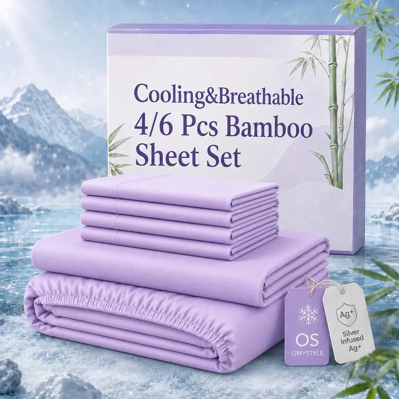 OS OMYSTYLE Cooling Bamboo Bed Sheet Set (4/6pcs), Luxuriously Soft, Cool, Breathable, Wrinkle-Resistant, Extra Deep Fit Bedding for Mattresses, Ideal for Heat-Sensitive Individuals, Kids Halloween Gift, Bamboo Sheets