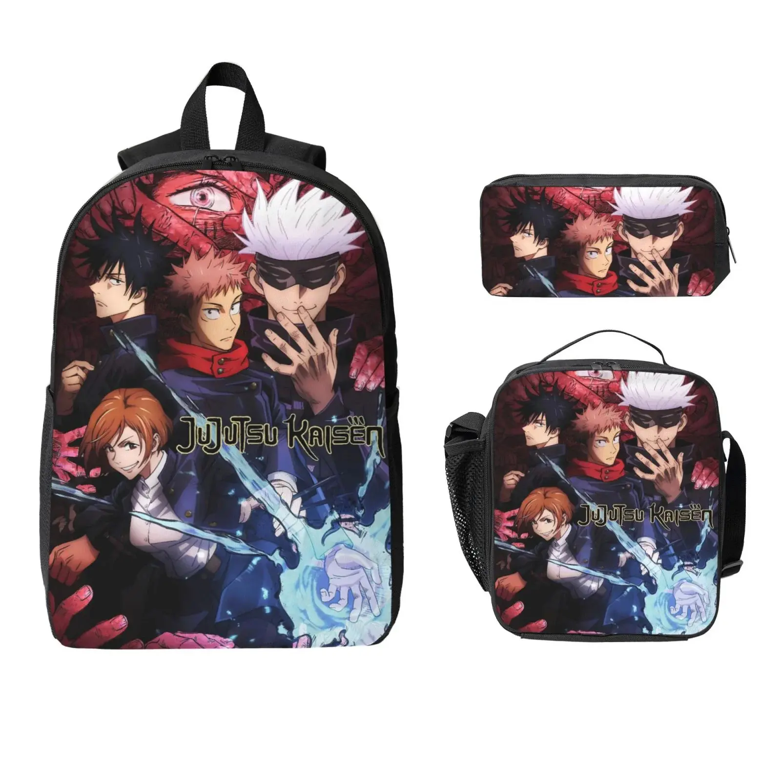Jujutsu Kaisen Anime 3-in-1 Trendy Versatile Backpack & Lunchbox Set, School Water Resistant High Capacity Bag with Adjustable Shoulder Strap, Built-in Organizer, Pencil Case for Back to School, Trendy Backpack, 3‑In‑1 Lunch Set