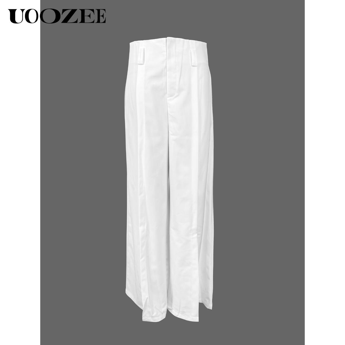 UOOZEE Women's High-Waisted Basic Split Pants - Loose Wide Pleated Trouser, Light Plain Fabric, No Belt, Fitted Bottom, Minimalist Casual, Office Work Outfits, Button-Accented Interview Wear
