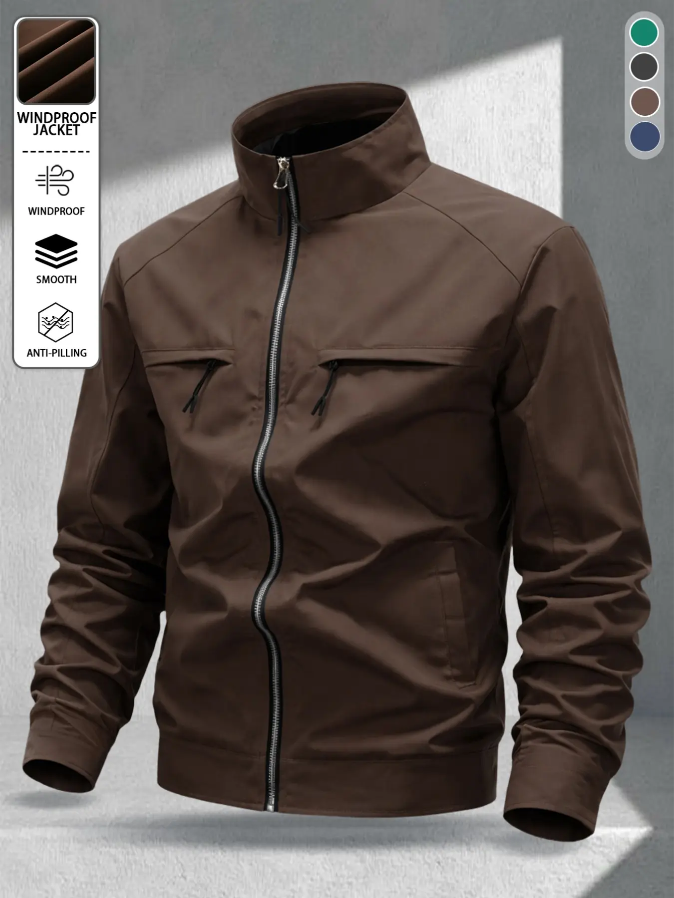 Men's Minimalist Business Loose Fit Standing Collar Full Zip Base Coat, Long Sleeve, Casual, All Seasons, Plain Pattern