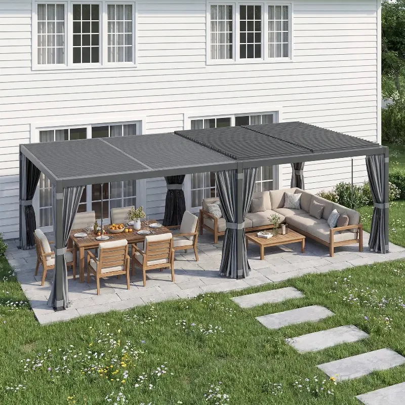 12 x 24 FT Adjustable Louvered Pergola, Aluminum Frame Outdoor Pergola with Curtains and Mosquito Nets, Weather Resistant Patio Shade for Backyard, Garden and Deck