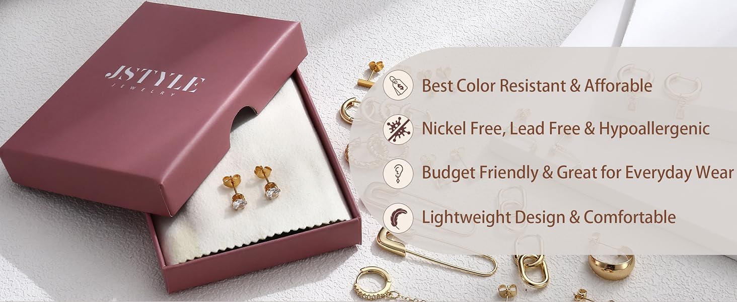 Jstyle Small Gold Hoop Earrings Set for Women, 14k Gold Plated Hoop Studs Earrings for Women, Hypoallergenic Dainty Gold Earrings for Gift