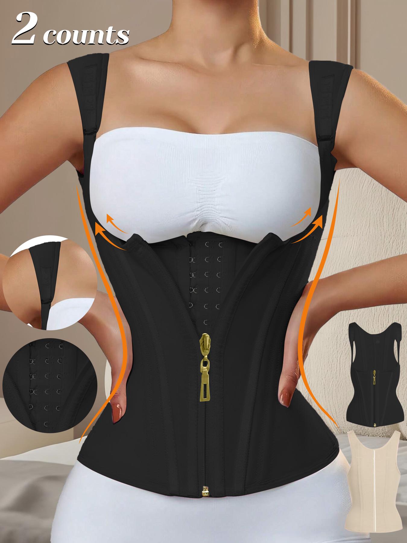 Women's Solid Color Zipper Hooks Waist Trainer Corset, Tummy Control Shapewear Tops, Adjustable Hooks Body Shaper for Women, Firm Tummy Control