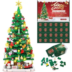 2025 Advent Calendar Christmas Tree Building Toy Set with LED Light 24 Days Christmas Countdown Building Blocks Creative Gift for Kids Adults Teens Girls Ages 8+