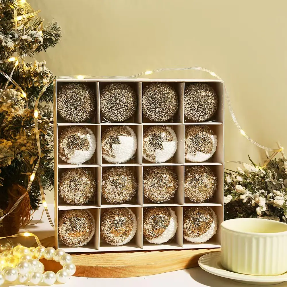 16Pcs Shatterproof Christmas Ornaments Set, 2.36" / 6cm Snow-Capped Flocked & Sequin Foam Balls, Glitter Christmas Tree Hanging Baubles with Compartmented Gift Box for Holiday Decor